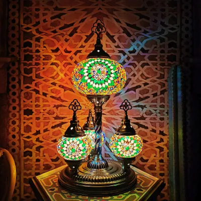 Turkish Restaurant Glass Table Lamp with Brozne Metal Base Colorful Handmade Desktop Lamp (WH